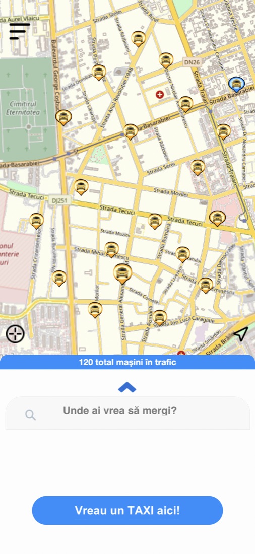 Aplicația Sama Client: harta Galațiului cu taxiurile din jur și butonul „Vreau un TAXI aici!”